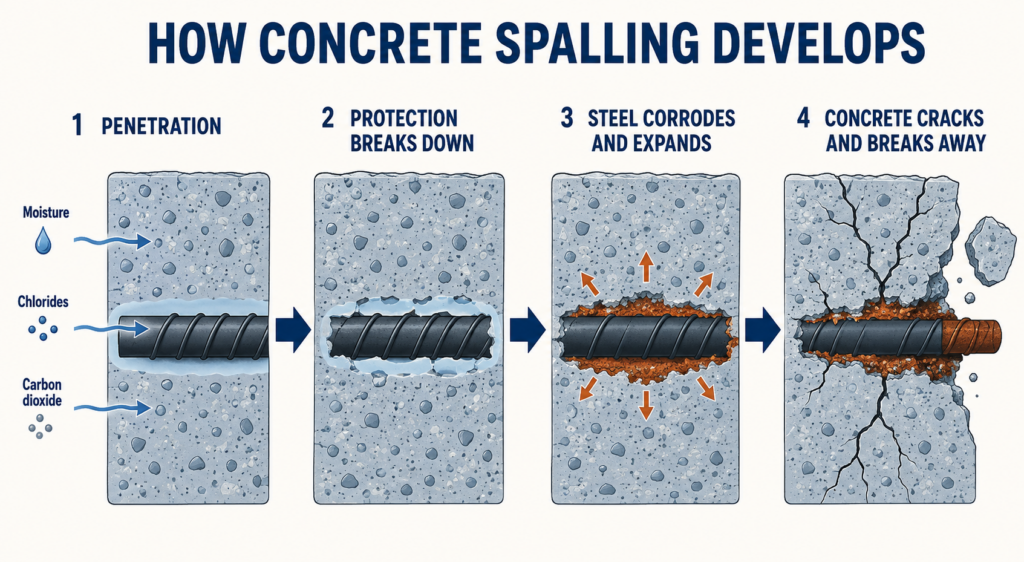 Concrete spalling develops when the protective environment around reinforcing steel breaks down. Corrosion expands against the surrounding concrete, eventually causing it to crack and break away.