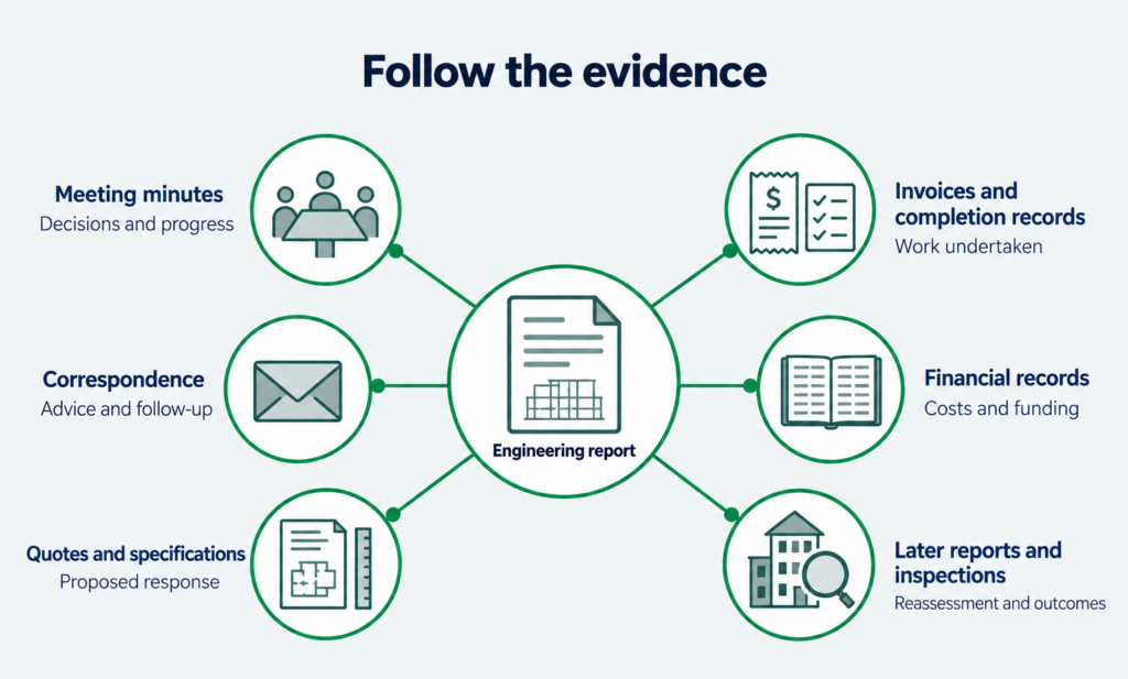 Follow the body corporate engineering report through the records